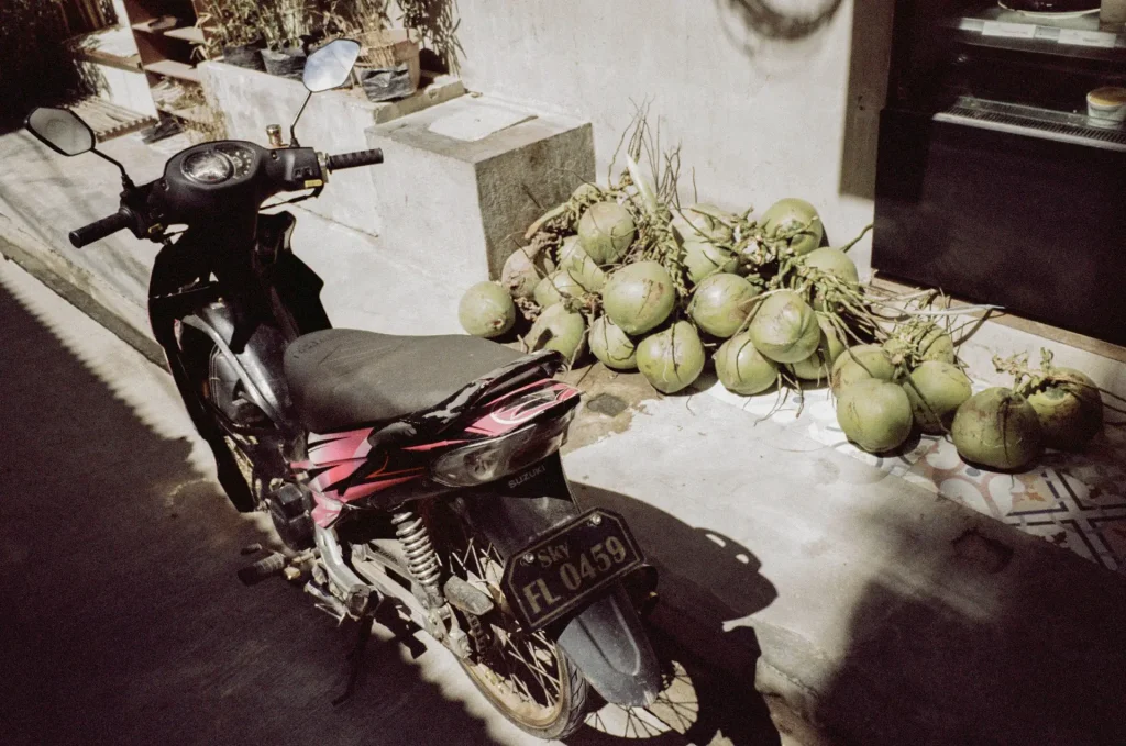 Mellons line up against a wall on the floor outside as a motorcycle is parked next to them, slightly obscured by shadow.
