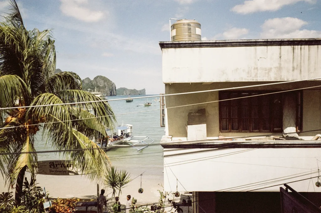 The ocean and mountains are framed in the distance between a plam tree and white concrete building.