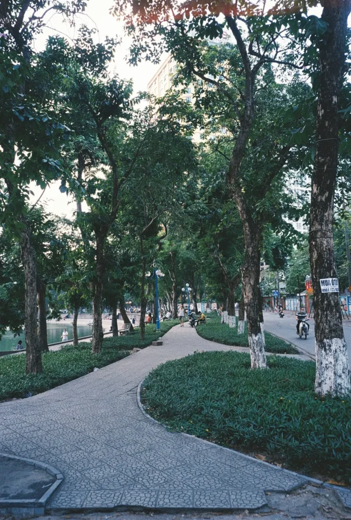 A winding path through a park near Giang Vo lake, Hanoi, Vietnam.