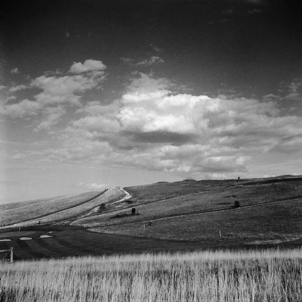 Heath land with light grass foreground, a dark hill and fluffy clouds