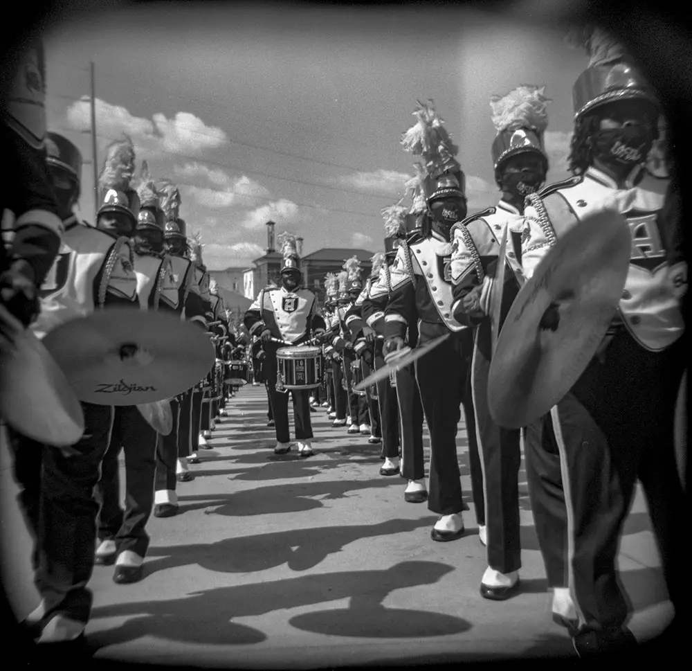 marching band in black and white