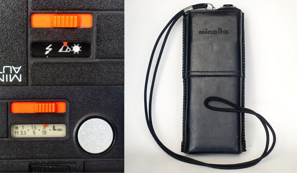Minolta Autopak 460 Tx composite showing exposure and focus, and carry pouch.