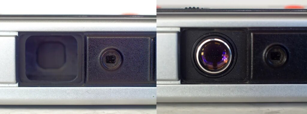 Minolta Autopak 460 Tx composite showing standard (left) and telephoto lenses in position.
