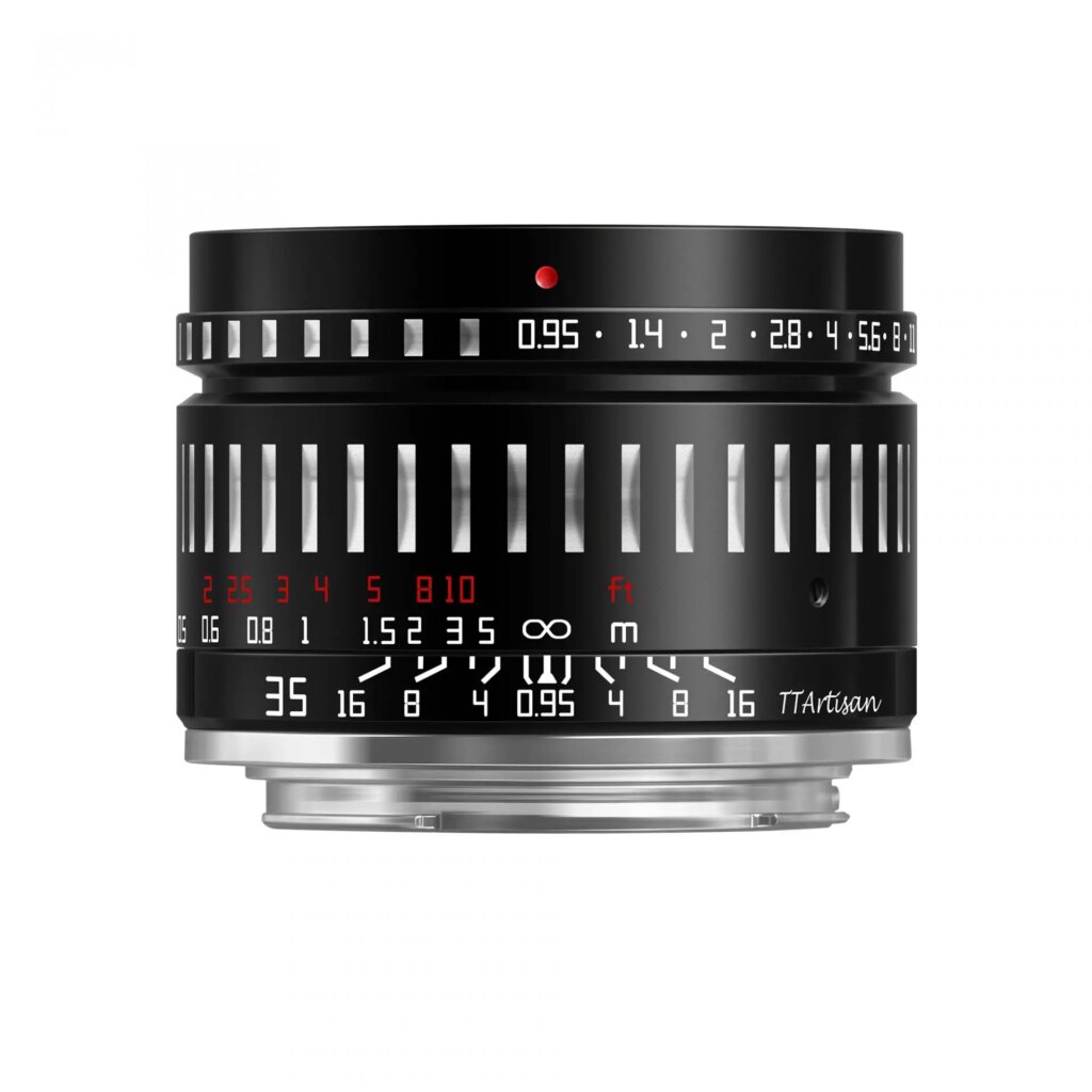 ttartisan 35mm f0.95 lens on plain white background