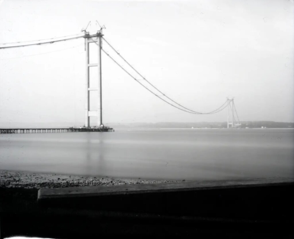 Pinhole image of Humber Bridge under construction.