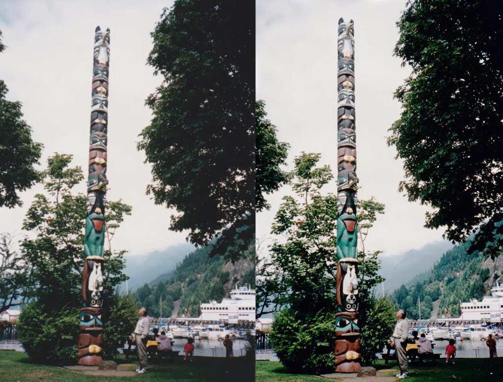 Totem pole, Horseshoe Bay near Vancouver, Canada. Original print left, processed right.