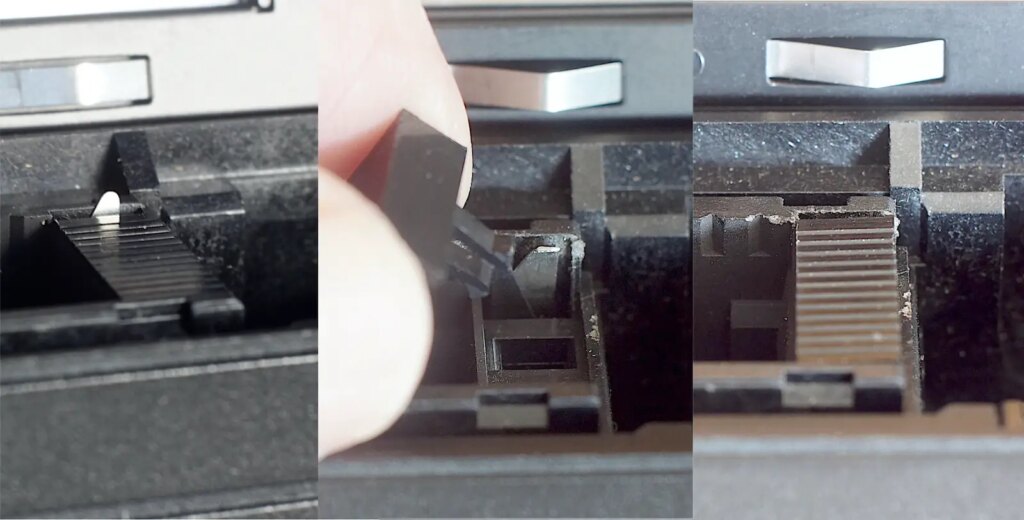 The modification made to the arm that senses the perforations freeing up the shutter and controlling spacing.