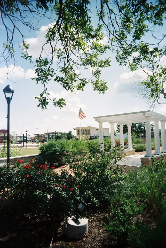 Flag waving at a park, taken with the White Slim Angel plastic point and shoot 35mm film camera.