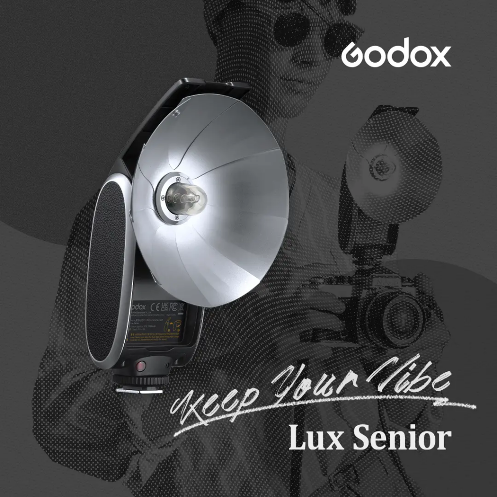 Lux Senior flash pictured on an overlay of an image of a woman using the camera