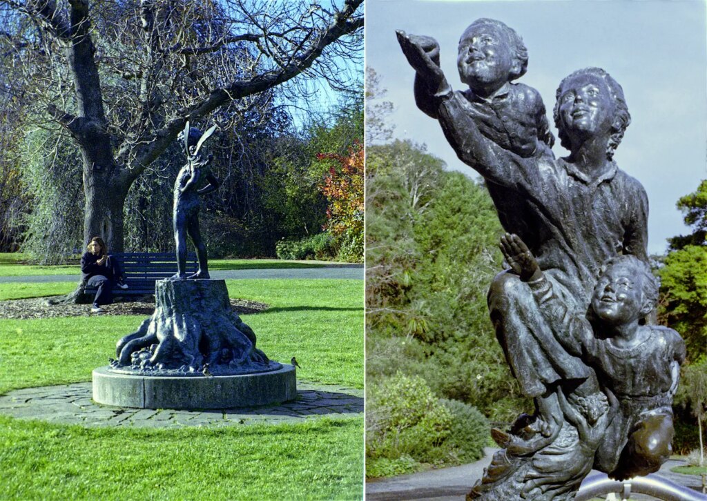 Minolta Autopak 460 Tx images of Peter Pan themed statuary in Dunedin Botanic Gardens contrasting subject matter.