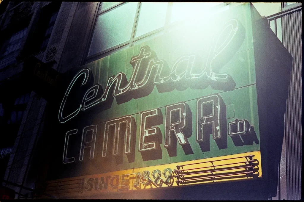 Photo of Central Camera Company new sign shot with Petri 1.9 Color Corrected Super