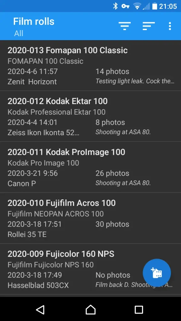 Screenshot of Exif Notes showing the list of active rolls of film