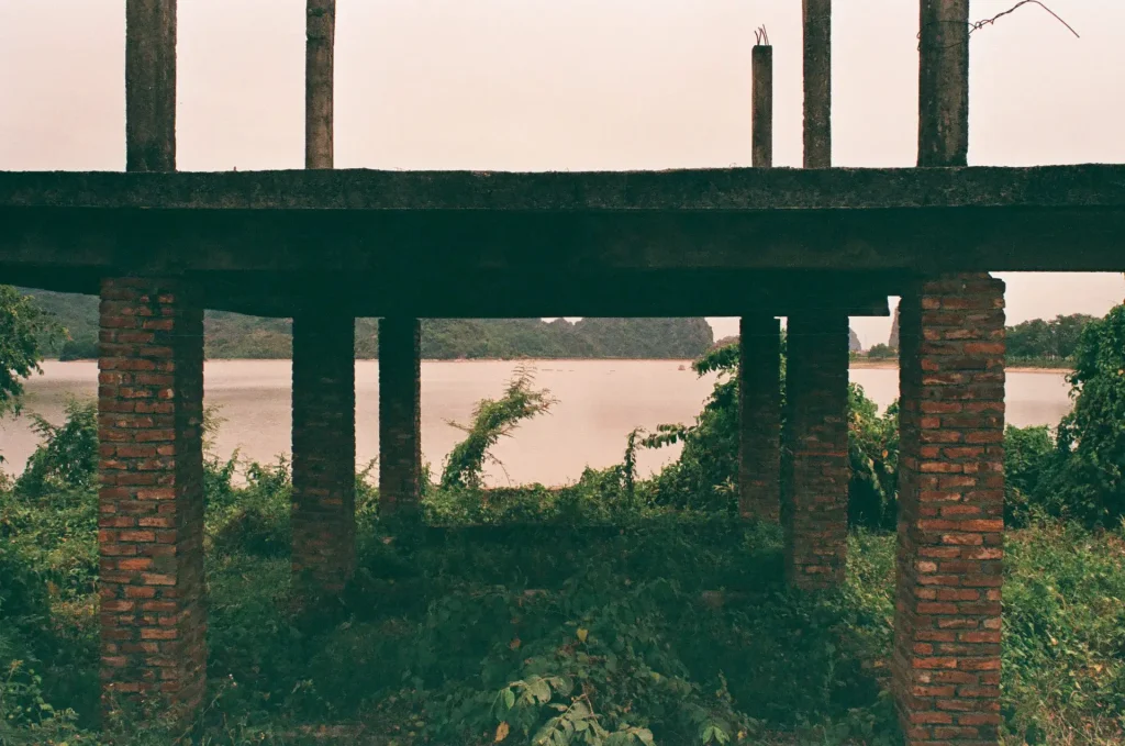 an abandoned construction site on the bank of the lake