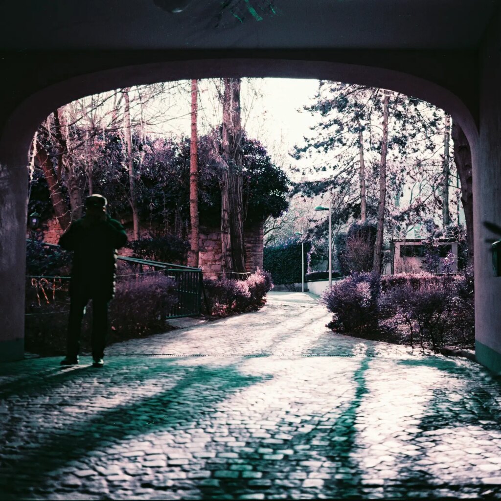 LomoChrome Purple Petillant version in medium format sample image of a road under a bridge