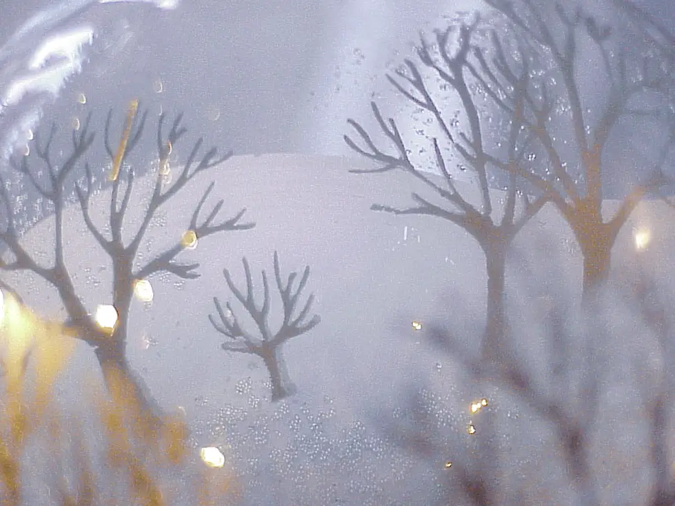 Detail of a Christmas ornament showing bare trees in a snowy landscape