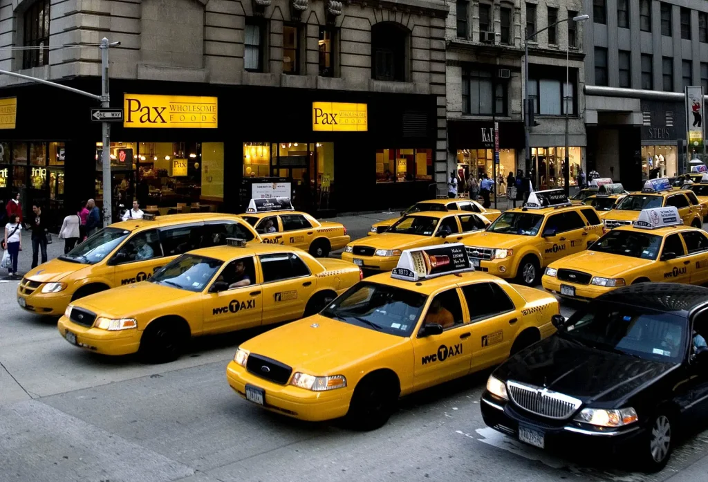row of yellow taxis in new york