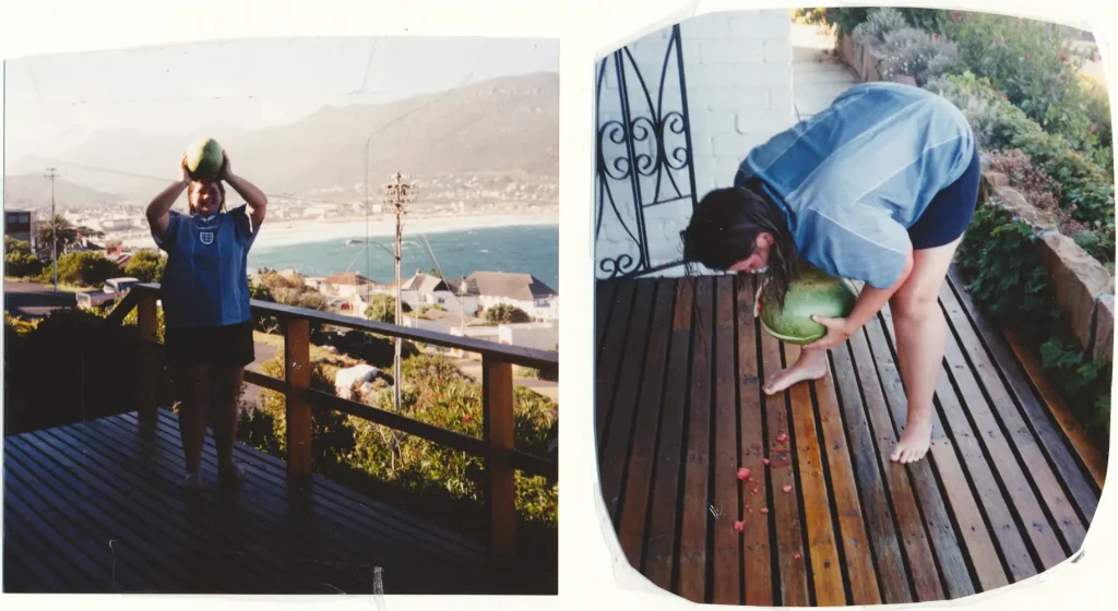 girl holding and dropping a watermelon