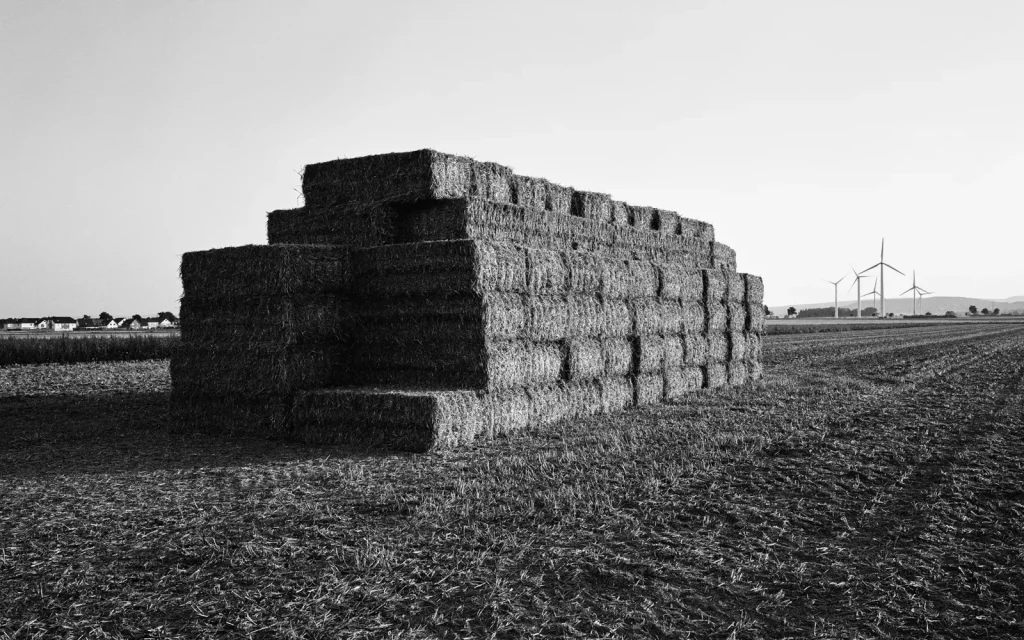 agricultural landscape with a stack of boxy straw bales