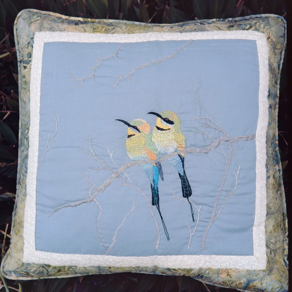 4 Cushion with Bee-eater embroidery. Mamiya 6MF and close-up lens. F16. Portra 160.