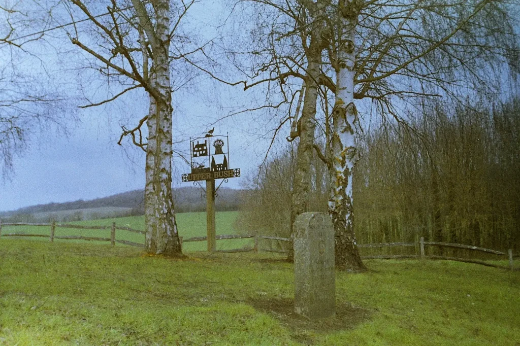 colour photo of village sign and trees