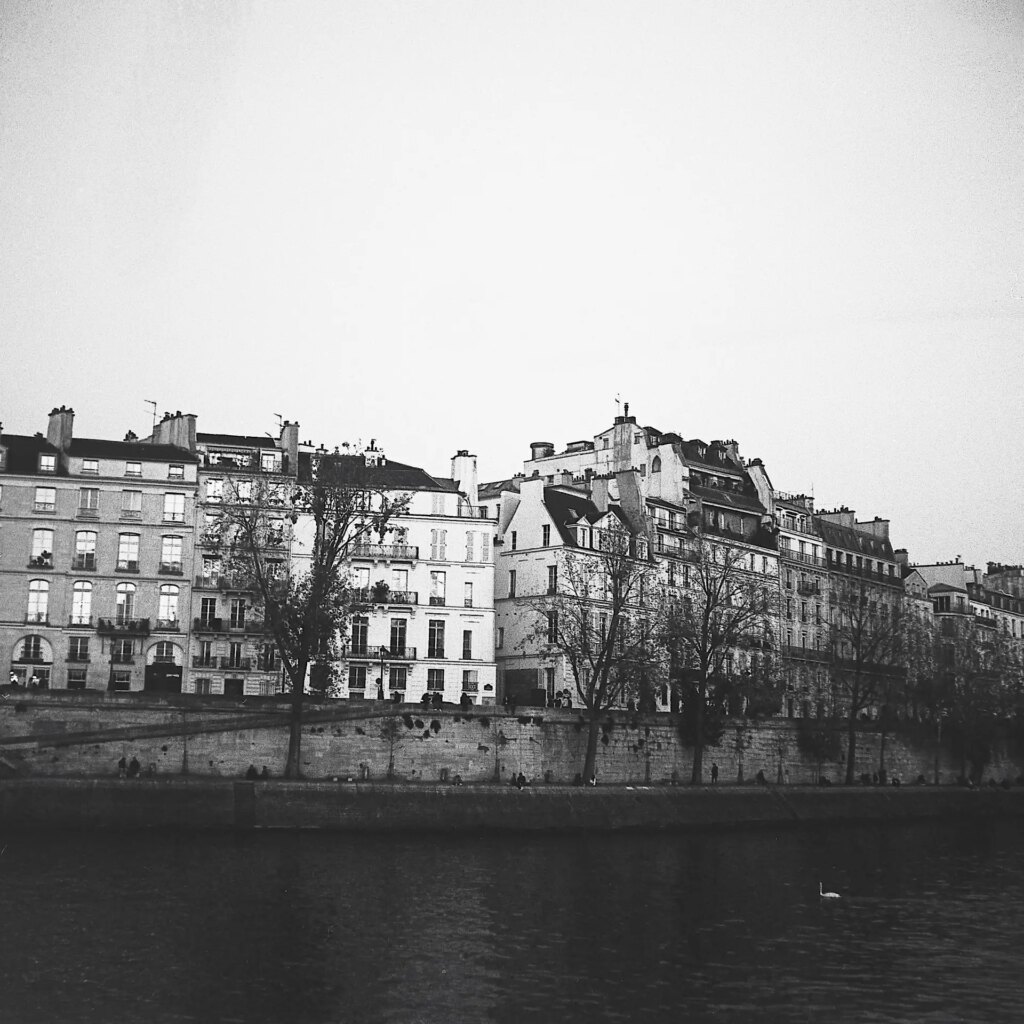 Paris buildings on the side of the Seine River in black and white film
