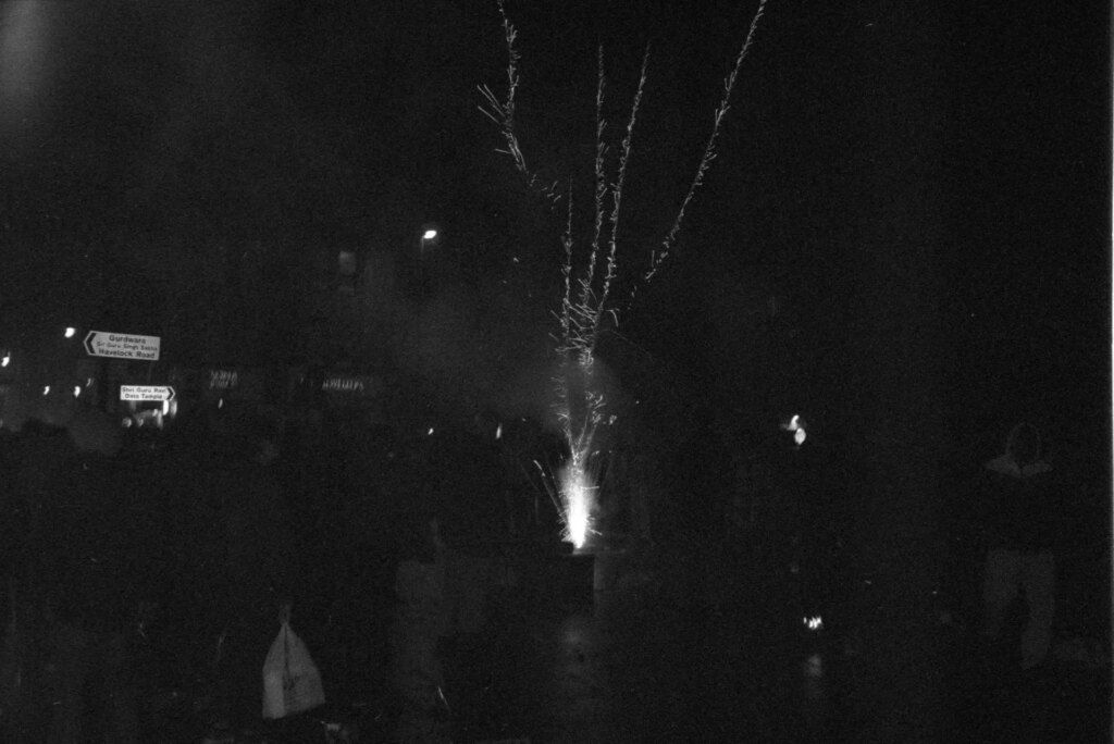 HP5+, Mieke MK300 You can see in this frame only the reflective road signs and bright firework have been exposed.