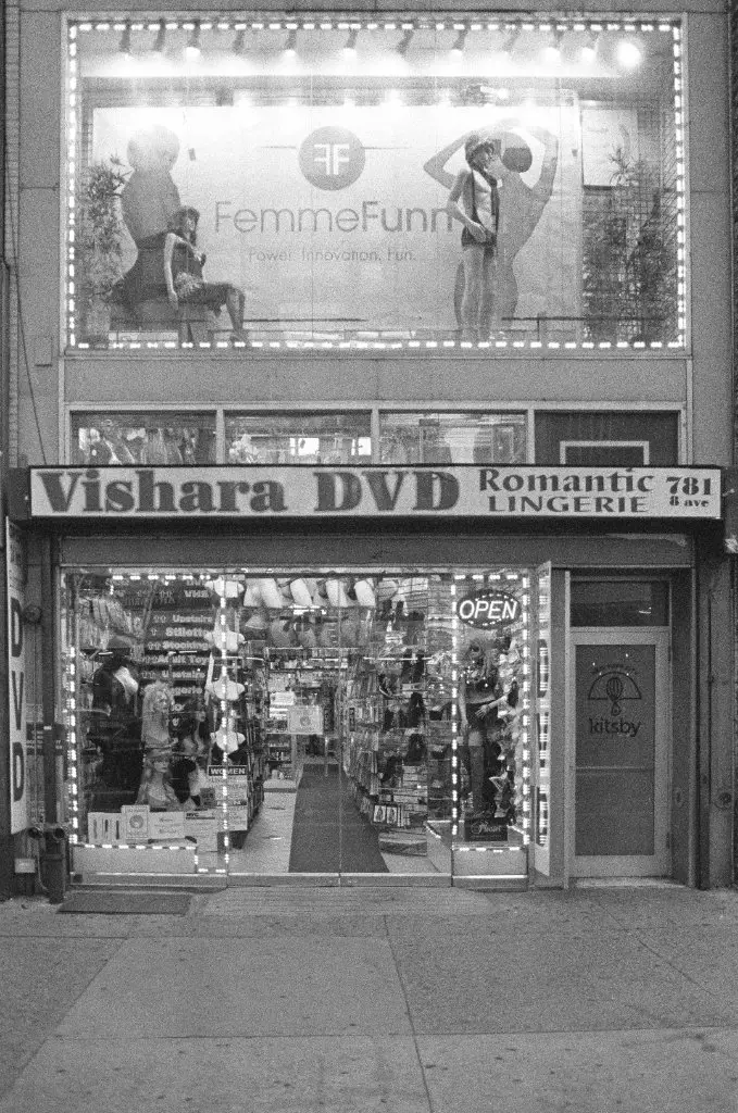 Adult DVD store on Ninth Ave taken a Minolta SRT 100 with Ilford Delta 3200