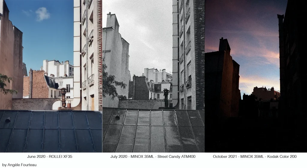 Three picture of sky between buildings