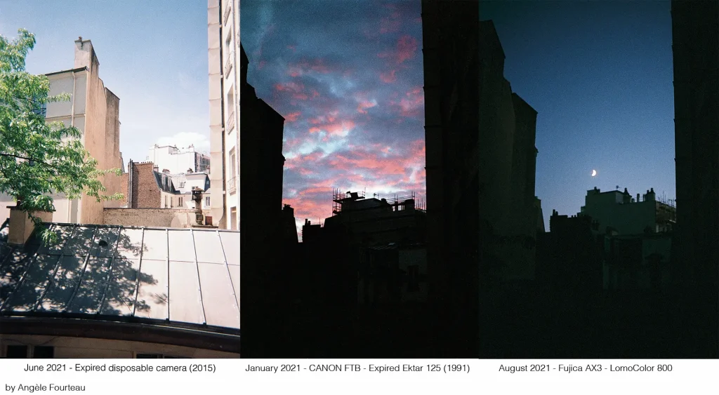 Three picture of sky between buildings