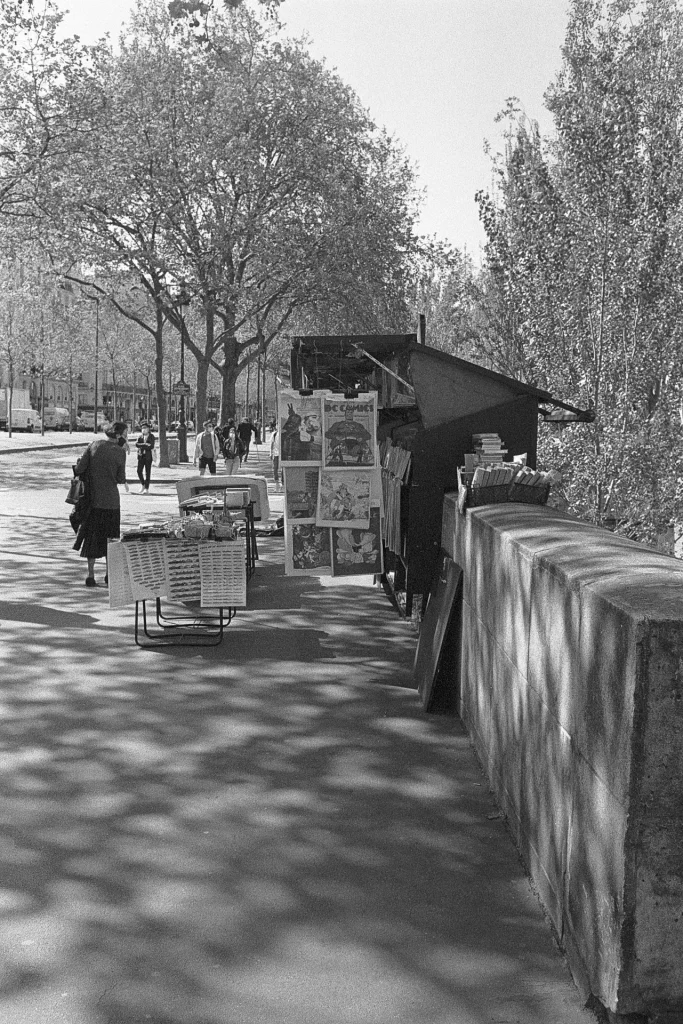 A women looking at a Bouquiniste shop