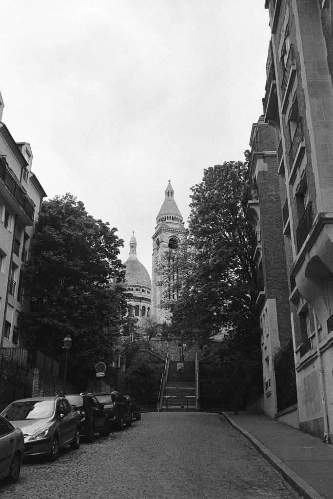 The Montmartre Basilica at the end of a street