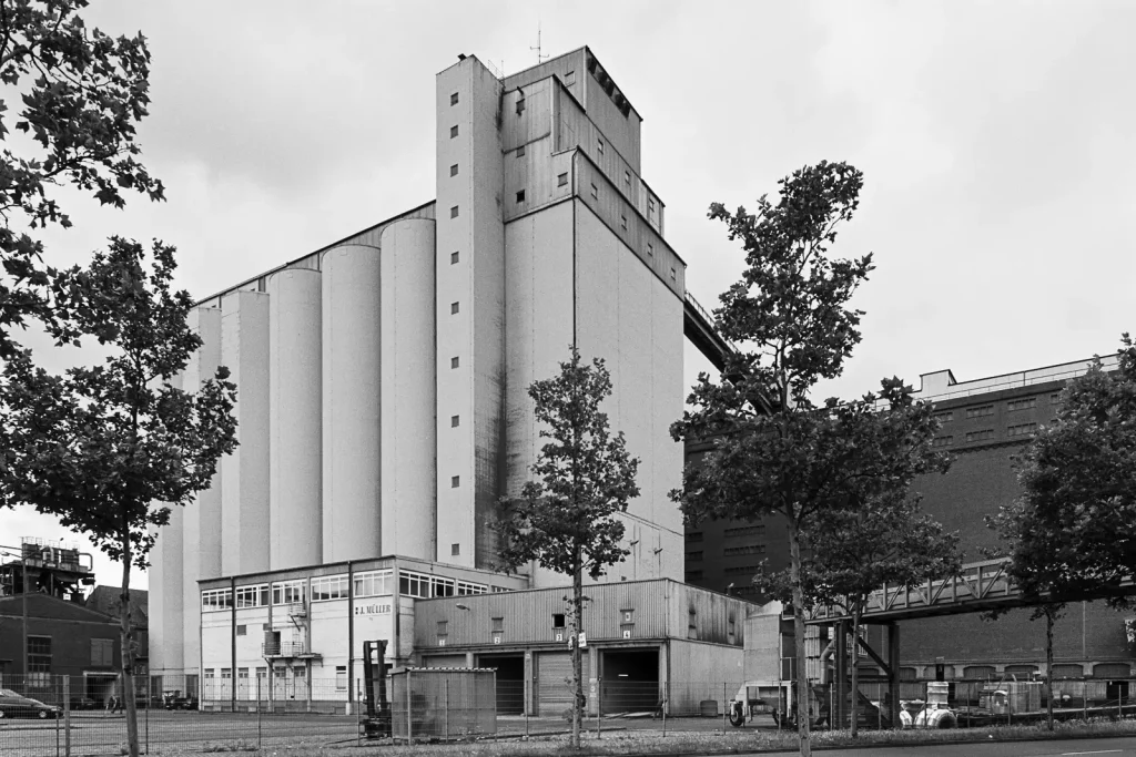 Grain elevator at Bremen ports shot on Fuji Acros black-and-white film.