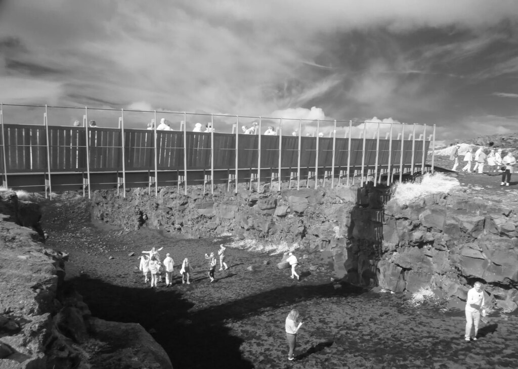 Iceland IR photo of a bridge spanning the rift between North American and Eurasian tectonic plates.
