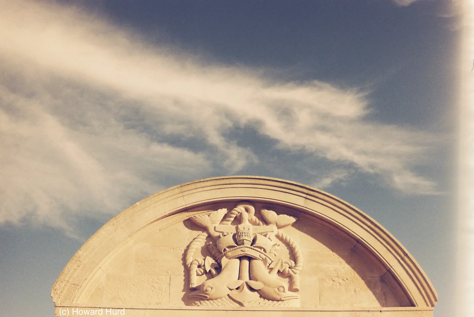 Seafarers' war memorial, Southsea, UK - taken with Fed4 and Agfa VistaPlus redscale at ISO50