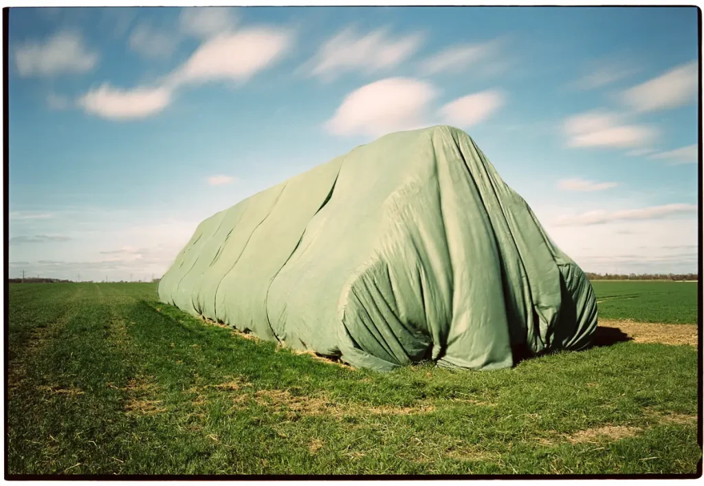 A long stack of straw bales under a green tarp stands on a field. Condensing time visible by many small white clouds that are passing overhead, smeared by the long exposure.