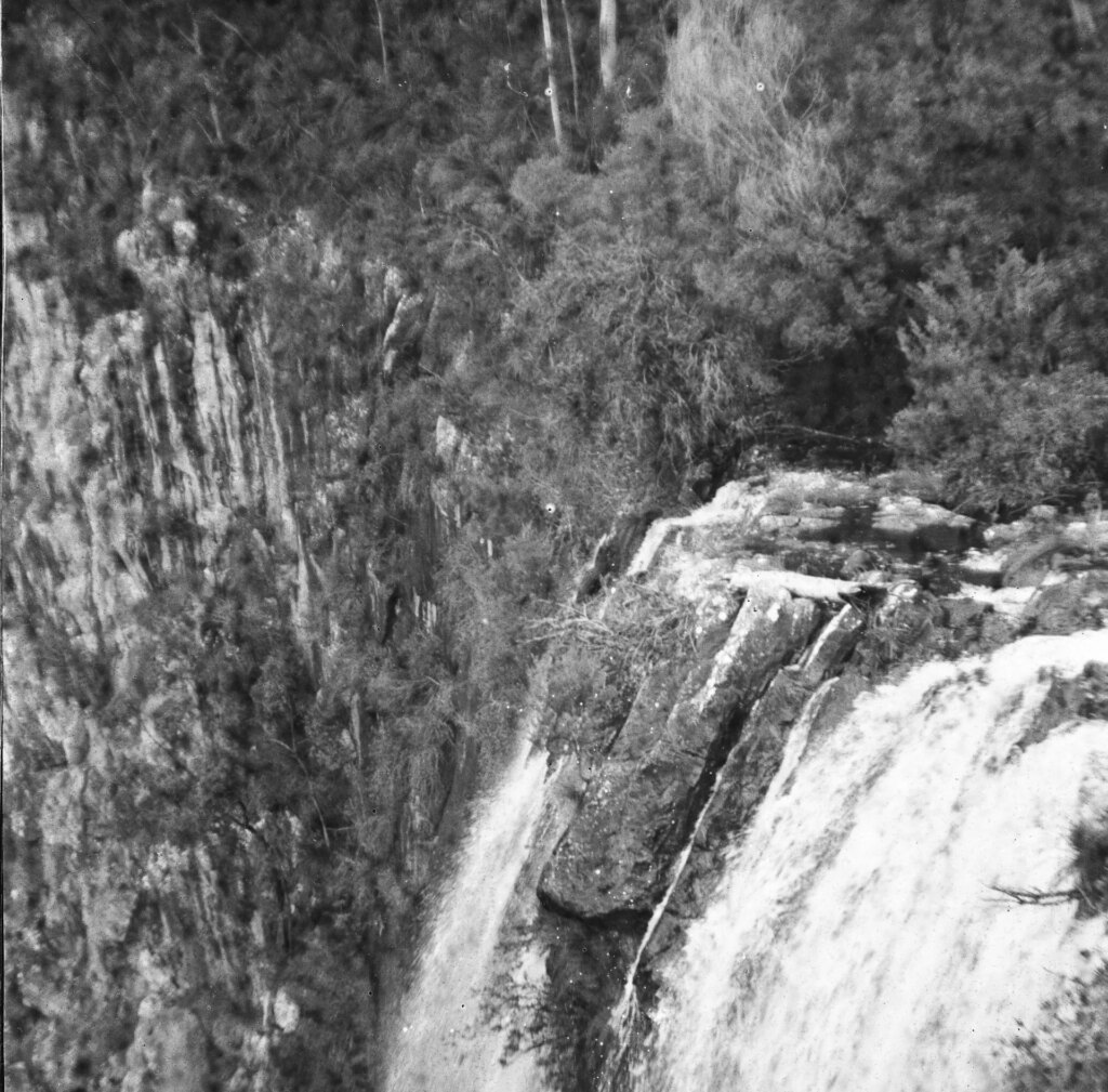 Black and white square image of a waterfall with trees