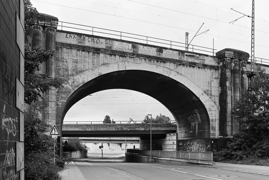 Railroad bridges in Hannover shot with a Curtagon shift lens on a Leicaflex SL camera.