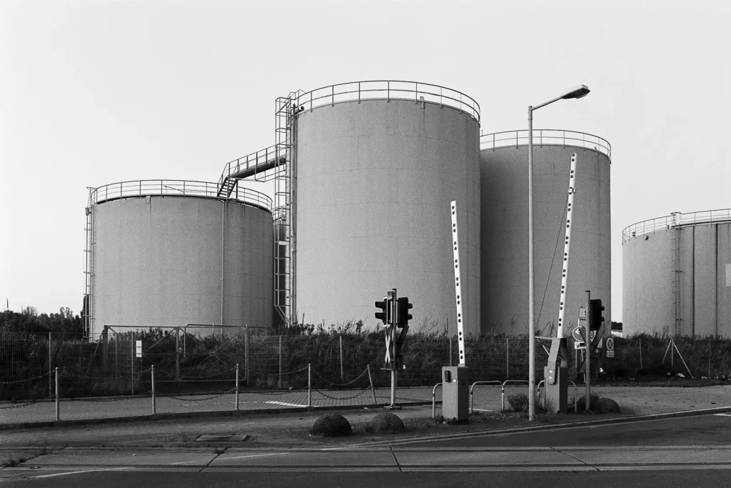 Oil tanks located in Hannover shot with a Curtagon shift lens on a Leicaflex SL camera.