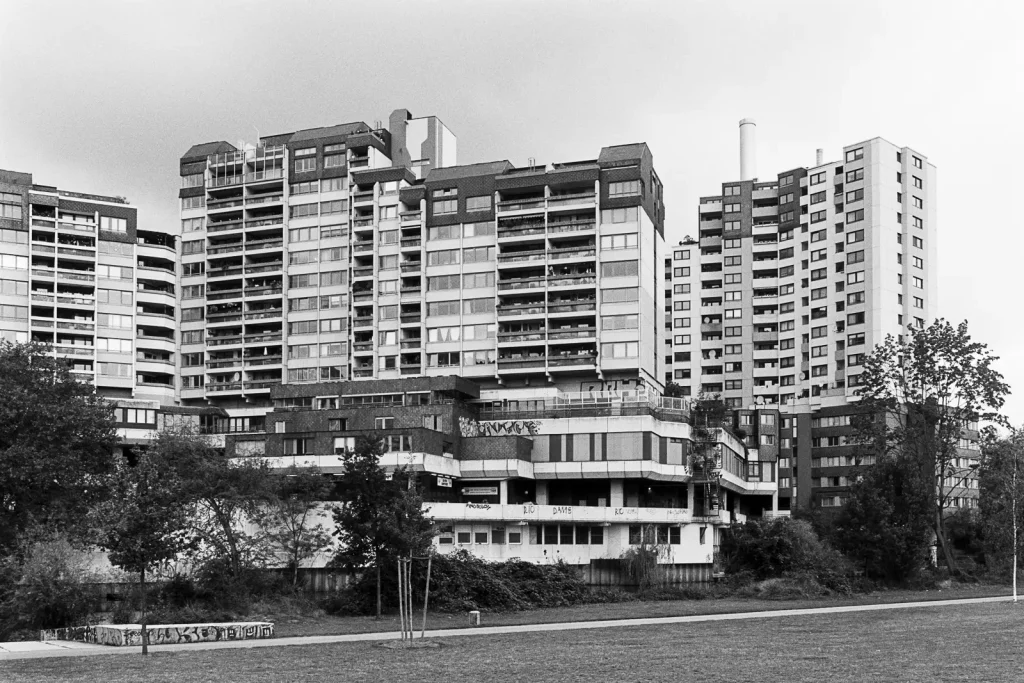 Ihme-Zentrum housing area shot with a Curtagon shift lens on a Leicaflex SL camera.