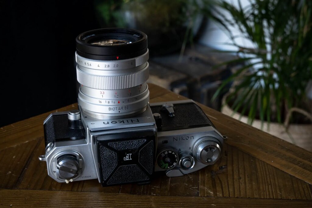 58mm 1.5 Biotar mounted to a Nikon F