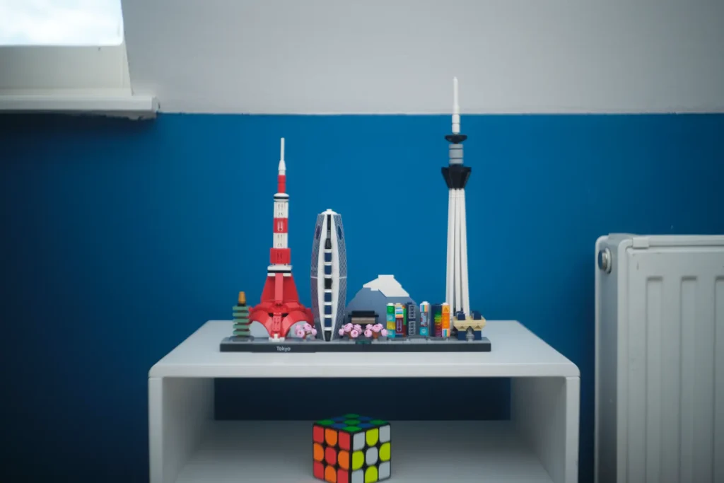 A brightly-colored Tokyo skyline rendered in Lego, and captured by the Industar-69 at f/2.8.