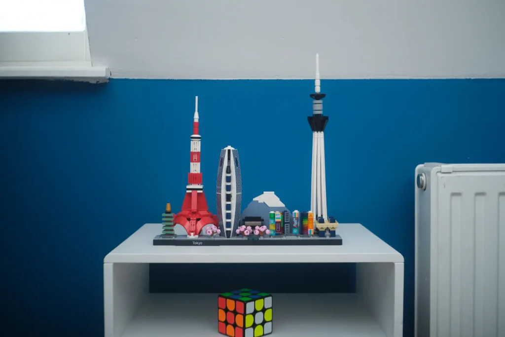 A brightly-colored Tokyo skyline rendered in Lego, and captured by the Industar-69 at f/5.6.