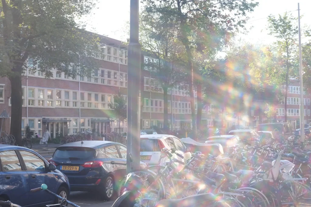 An Amsterdam street in bright sun.