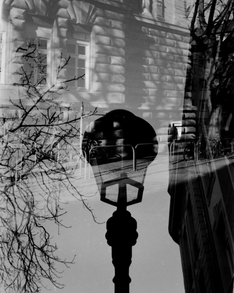 Double exposure of an old Building and a Street Lamp