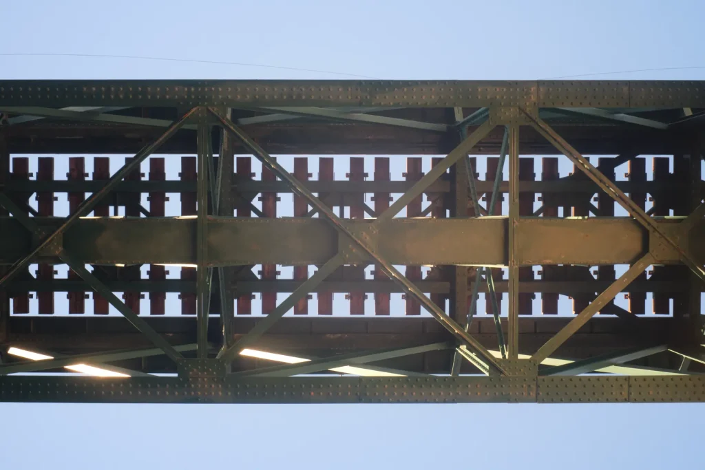 Railway truss bridge, from beneath.