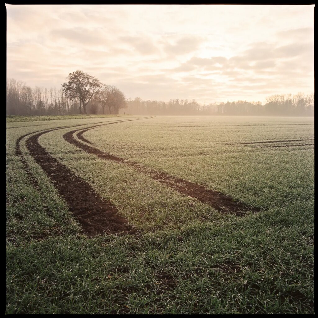photograph of a winterly grain field with the sun poking through the clouds, shot with a Hasselblad Distagon 50mm f/4 lens on Fuji Pro 400H film