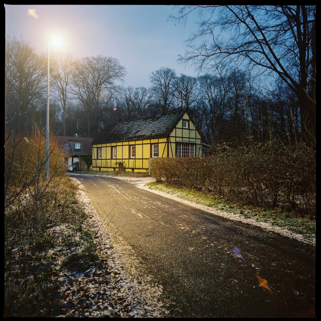 a yellow-colored, half-timbered house, standing at the edge of a winterly forest