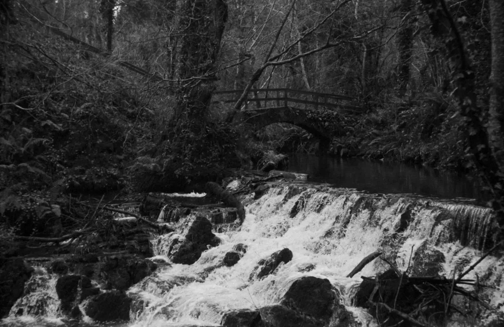 A small wooden bridge over a river with small waterfall in foreground