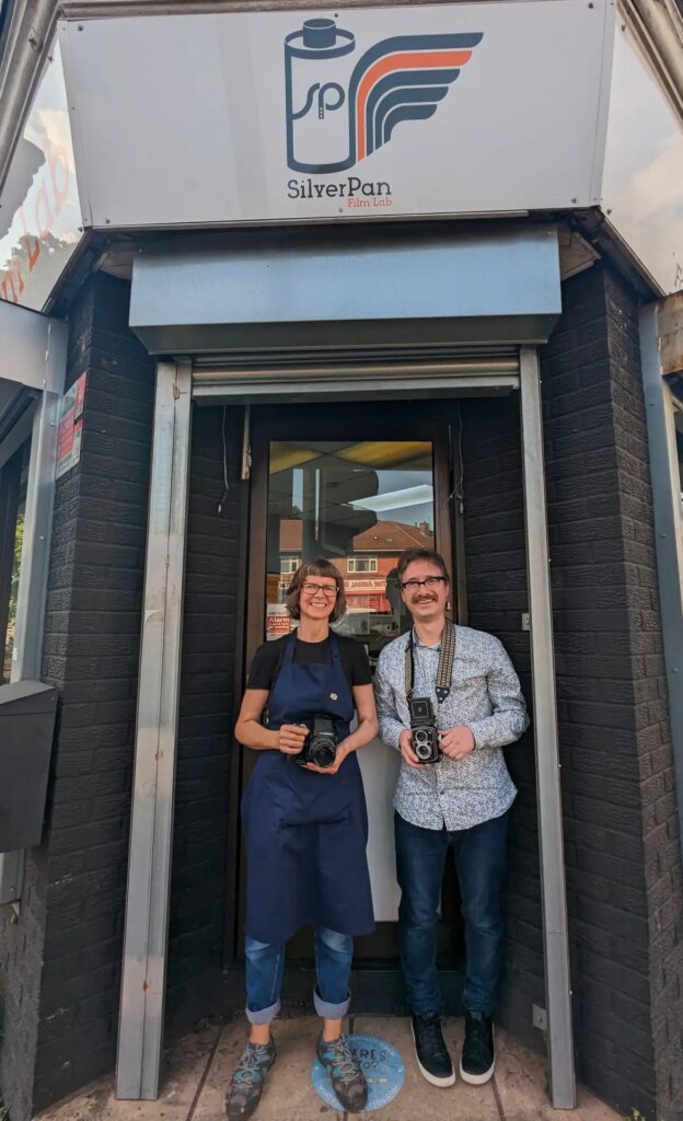 Duncan and Justine in front of their store in Bristol, SilverPan Film Lab