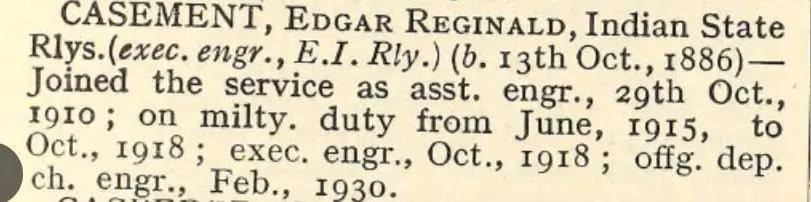 A record of Edgar Casement's employment with the Indian State Railway